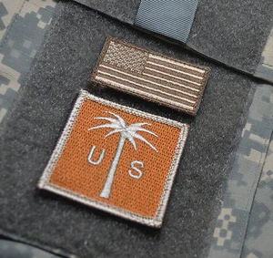 NATO ISAF JSOC SFG ODA SAS JTF WAR TROPHY vêlkrö 2" 2-TAB: PALM TREE + US FLAG - Picture 1 of 7