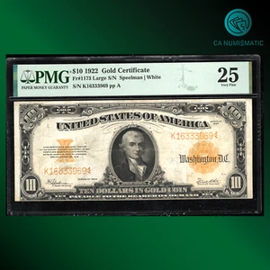 FR.1173 1922 $10 Dollars Gold Certificate, HILLEGAS NOTE, PMG 25, 33969 - Picture 1 of 2