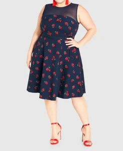 NEW City Chic Navy Strawberry Print Fit & Flare Molly Dress Plus Size S 16 #O78 - Picture 1 of 11