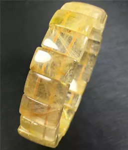 Natural Golden Titanium Rutilated Quartz Crystal Beads Bracelet Bangle - Picture 1 of 10