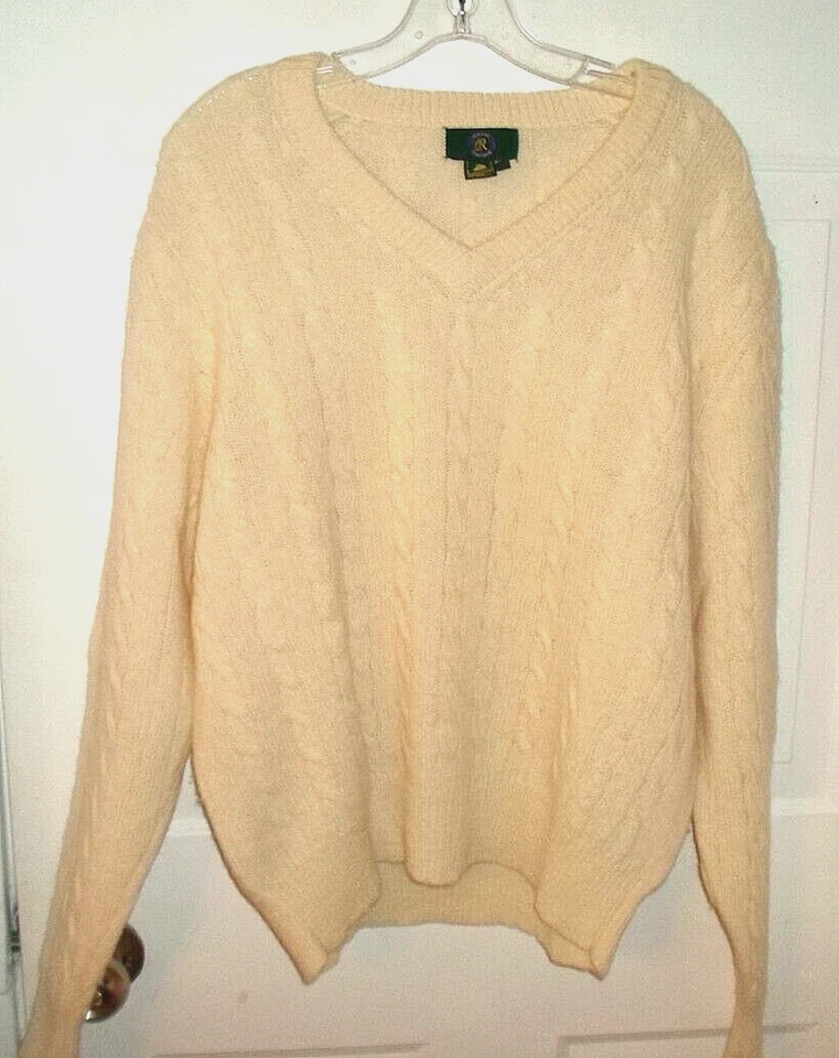 Suéter Club Room vintage 100% lã britânica malha de cabo gola V marfim CLÁSSICO WPL 8046 - Imagem 1 de 4