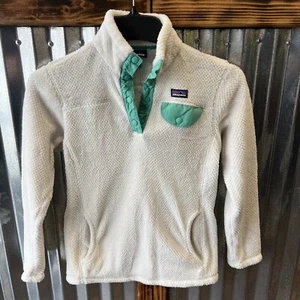 PATAGONIA Girls Synchilla SNAP-T Fleece White & Aqua Pullover - Size L (12) - Picture 1 of 9