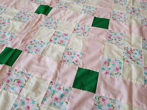 Vintage Handmade Feedsack Quilt TOP Pink Green 9-Patch 85x100