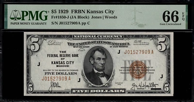 1929 $5 Federal Reserve Bank Note Kansas City - FR.1850-J - Graded PMG 66 EPQ - Image 1 of 2