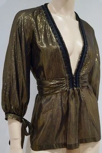 JASMINE DI MILO Gold & Black Silk Blend Sheen Plunge V Neck Belted Blouse Top 8 - Picture 1 of 10
