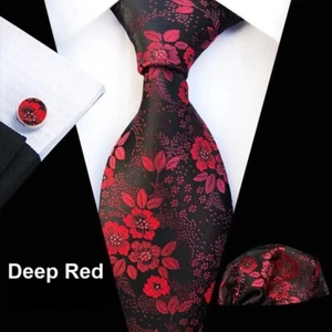Juego de pañuelos y gemelos cuadrados de bolsillo con corbata de seda floral rojo oscuro - Imagen 1 de 1