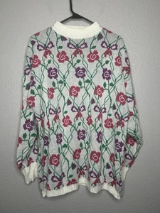 Vintage 90s Red Purple Flowers Bow Long Sleeve Grandmacore Sweater Size Large - Picture 1 of 8