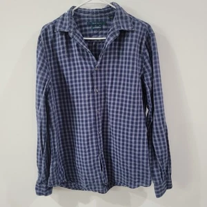 Perry Ellis Mens Button Up Shirt Size Large Linen Blend Gingham Plaid Blue - Picture 1 of 7