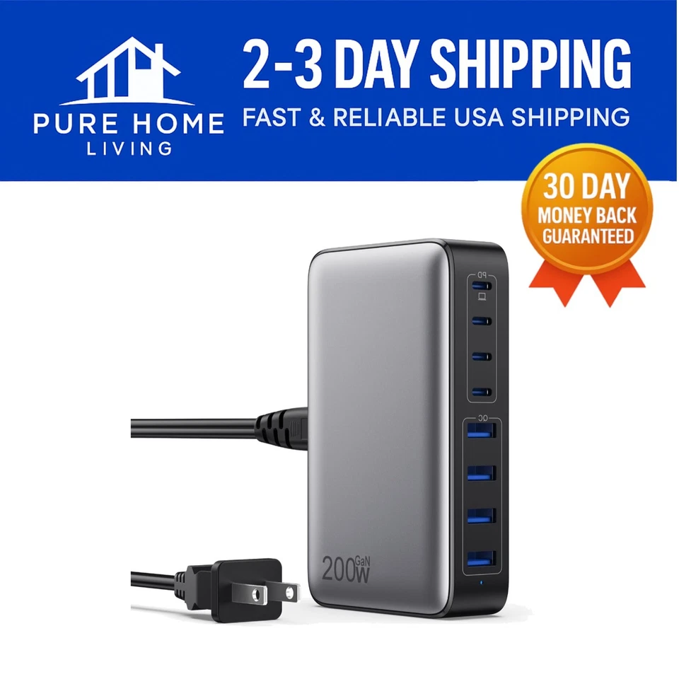 Compact 200W GaN III USB C Charger - 8 Ports for Fast Charging iPhones & Laptops - Image 1 of 4