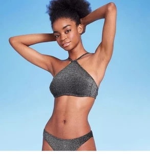 Top de bikini Wild Fable brillante cuello alto halter bralette negro lúrex talla XS 0-2 - Imagen 1 de 5