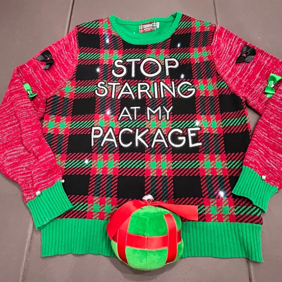 Deja de mirar mi paquete feo suéter navideño iluminado tacky spensers hombres XL Foto 1 de 4
