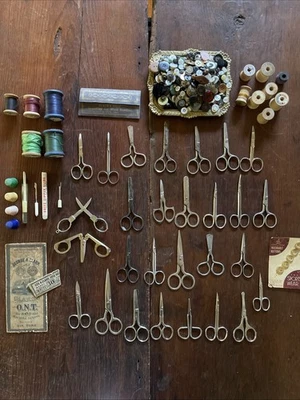 Vintage Antique Sewing Buttons Thimbles Thread Spools Scissors Needles Huge Lot - Image 1 of 4