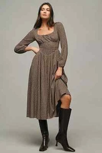 Reformation Oria Dress Anthropologie Brown Checkered Organic Cotton Size 10 NEW - Picture 1 of 4