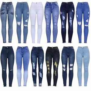 New Womens High Waist Stretchy Blue White Knee Cut Skinny Denim distressed Jean - Picture 1 of 82