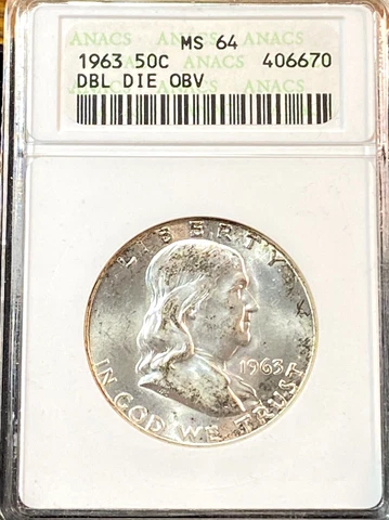1963 Double Die Obverse Franklin Half Dollar ANACS MS64 Best Price Ebay* CHRC Cover