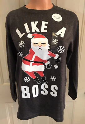 SANTA CHRISTMAS SHIRT, Size Large, Long Sleeve, “Like A Boss”, in Charcoal. NEW. - Image 1 of 4