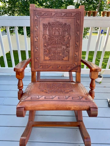 Vintage Artisan Rocking Chair with Hand-Carved Leather Incan Design Cover