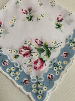 Wonderful NEW Handkerchief ~  Signature Blue & Border Pink Roses ~ LuRay Hankie! - Image 1 of 4