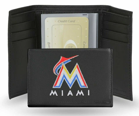 Miami Marlins Premium Black LEATHER TRIFOLD Wallet Embroidered Logo Baseball Cover