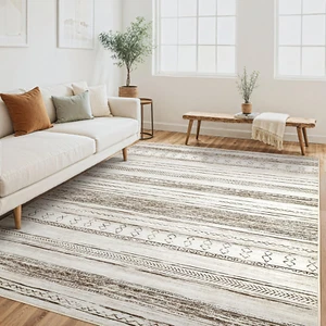 Area Rug Living Room Rugs - 5X7 Washable Large Soft Neutral Boho Moroccan Bohemi - Picture 1 of 12