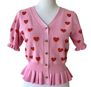 English Factory Pink Heart Cardigan Size Large Puff Sleeve Peplum Valentine NEW - Picture 1 of 11