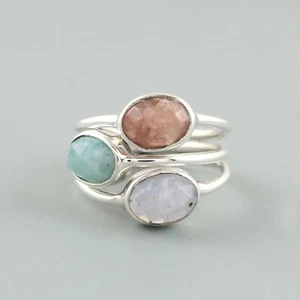 925 Plata de Ley Luna & Larimar Gemas Hecho a Mano Anillo Su Ropa Fiesta Regalo - Imagen 1 de 3
