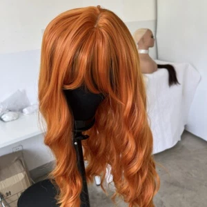 Costume Wigs With Bangs Orange Heat Resistant Hair Long Curly Wavy Synthetic - Picture 1 of 8