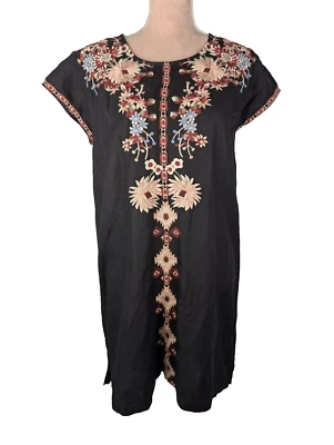 Driftwood Embroidered Carmin Tunic Shift Dress Black XL Floral Boho Peasant - Image 1 of 4