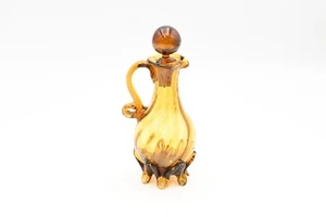 Vintage Hand Blown Amber Art Glass Footed Bottle Stopper Cruet Decanter Swirled - Picture 1 of 12