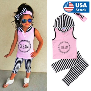 3Pcs Toddler Infant Girls Outfits Headband+T-shirt+Striped Pants Kid Clothes Set - Picture 1 of 12