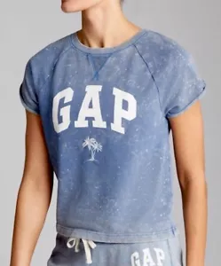 GAP Logo French Terry Short Sleeve Pullover Sweatshirt Tie Dye Blue Msrp$40 NWT - Picture 1 of 11