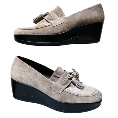 Stuart Weitzman Suede Tassel Penny Loafers Wedges Taupe US 9M Platform NEW NWOB - Image 1 of 4