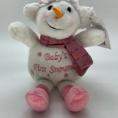 Holiday Style Baby’s First Snowman  Plush White & Pink  6” Stuffed Toy - Image 1 of 4