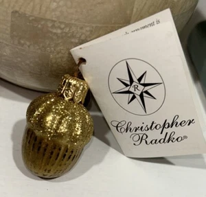 Vtg Christopher Radko 'Winter Acorn' Flocked Gold Christmas Ornament 1.5" - Picture 1 of 7