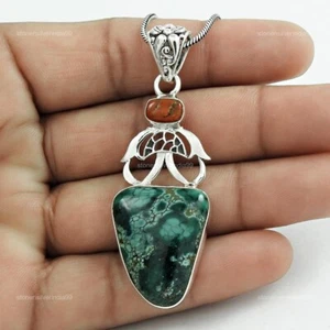 925 Solid Silver Coral Stone Bezel December Birth Unique Wife Ethnic New Pendant - Picture 1 of 10