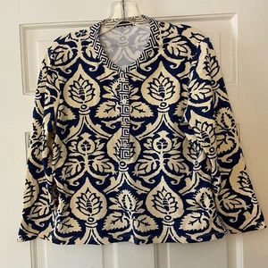 J. McLaughlin Catalina Cloth Mixed Print Popover Top Blue Cream Size L Office  - Picture 1 of 7