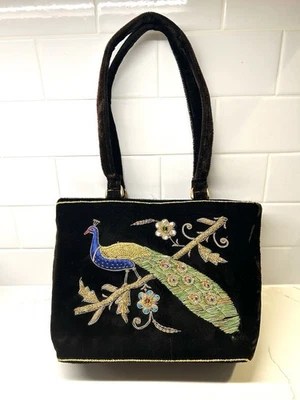 Monedero bordado pavo real chocolate oscuro/negro terciopelo bolso de hombro estilo tote Foto 1 de 4