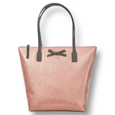 Kate Spade Rose Gold Glitter Small Tote Bag Sparkle Bow Accent Purse Handbag - Image 1 of 4