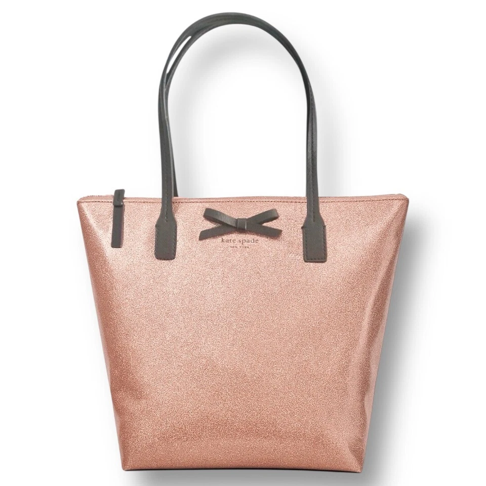 Kate Spade Rose Gold Glitter Small Tote Bag Sparkle Bow Accent Purse Handbag - Image 1 of 4