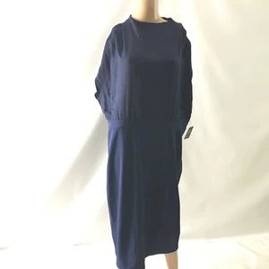 Express Women's Knee Length Dress Blue Short Crew Neck Sleeve Sheath Career New - Picture 1 of 7