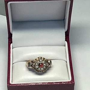 Antique Rose & Green 10k Gold Ring Garnet Seed Pearls Size 9.5 - Picture 1 of 10