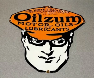 VINTAGE 24” OILZUM MOTOR OIL WORCESTER PORCELAIN SIGN CAR GAS TRUCK OIL - Picture 1 of 2