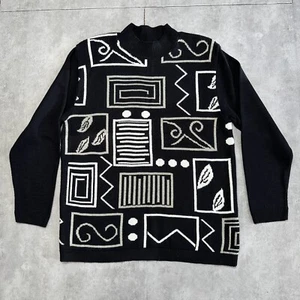 vintage alfred dunner geometric knit sweater womens medium black made in USA 80s - Picture 1 of 10