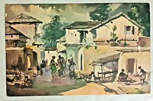 INDIEN VINTAGE GRUSSKARTE MIT MORGENGESCHWÄTZ VON M.S. JOSHI GEMÄLDE DRUCK - Bild 1 von 4