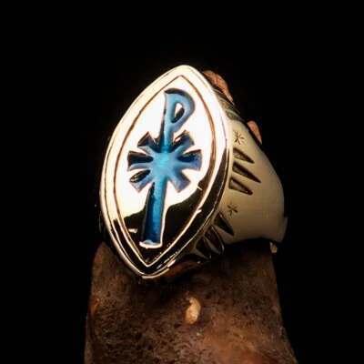 MENS BRASS CLERUS COSTUME RING CHRISTIAN SYMBOL CHI RHO XP CROSS BLUE SIZE 10 - Image 1 of 4