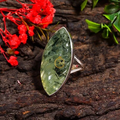 Anillo de piedras preciosas de prehnita natural piedra verde 925 plata esterlina anillo boho joyería Foto 1 de 4