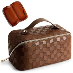 Large Capacity Travel Cosmetic Bag Plaid Checkered Makeup Bag Portable Leathe... - Picture 1 of 9