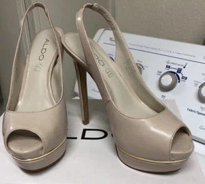 Aldo 8 Mesiano Platform Pumps Shoes Patent Leather Slingback Sandals Light Creme - Picture 1 of 15