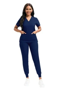 Stretch Medical Nurse Scrub Uniform Women Scrub Set V-Neck Top Jogger Pants - Picture 1 of 94
