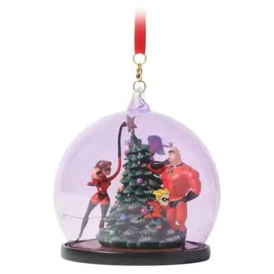 Disney Los Increíbles Familia Vacaciones Globo Vidrio Adorno Con Árbol Dentro Nuevo en Caja Foto 1 de 4